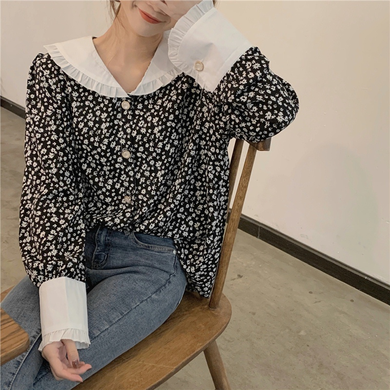花柄 ファッション レトロ風 白襟 小花柄 シフォンブラウス ゆったり