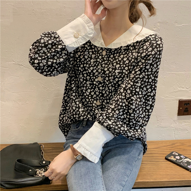 花柄 ファッション レトロ風 白襟 小花柄 シフォンブラウス ゆったり