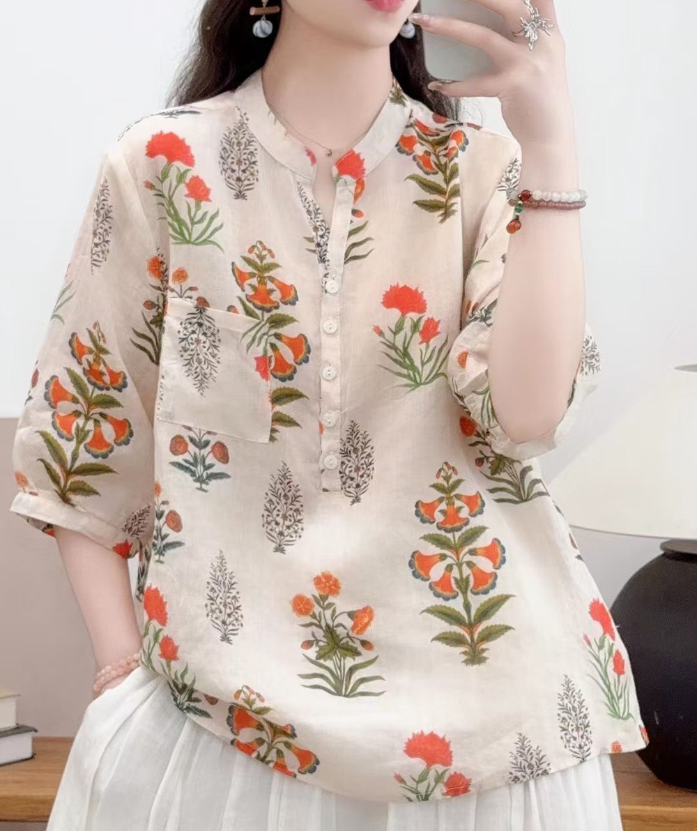 花柄 ファッション 水彩画風 七分袖シアーブラウス