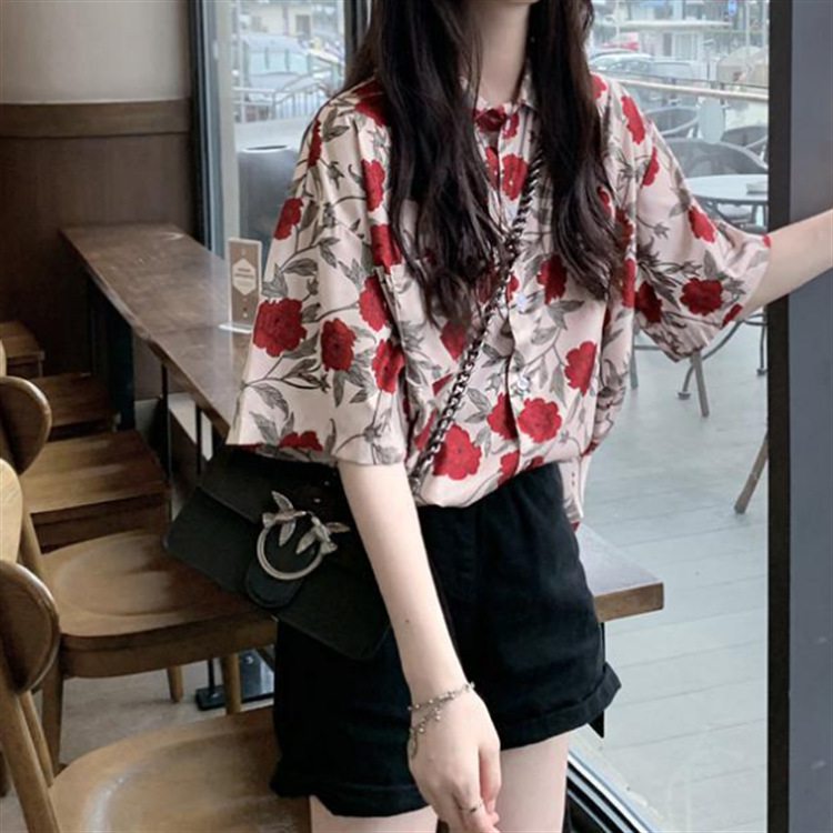 花柄 ファッション 優美な牡丹模様 五分袖ブラウス