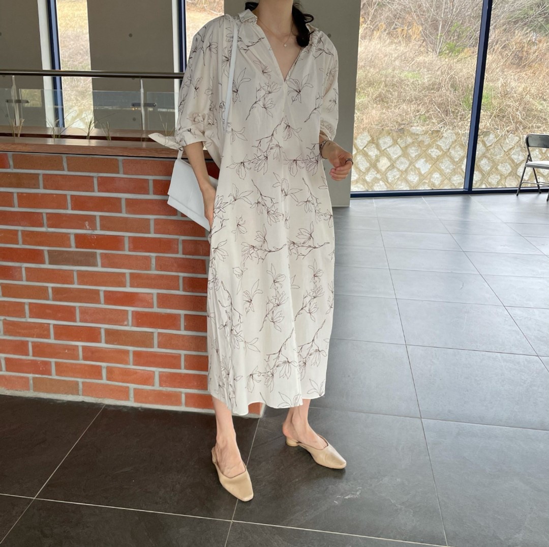 花柄 ファッション 優雅な花柄ゆったりロングワンピース