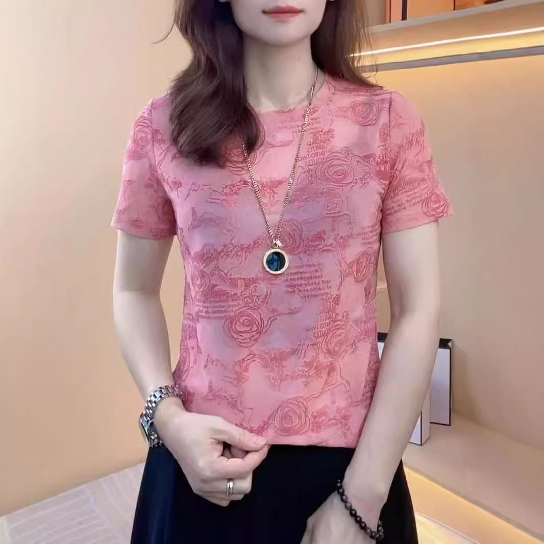 花柄 ファッション 薔薇浮き出る優美半袖カットソー
