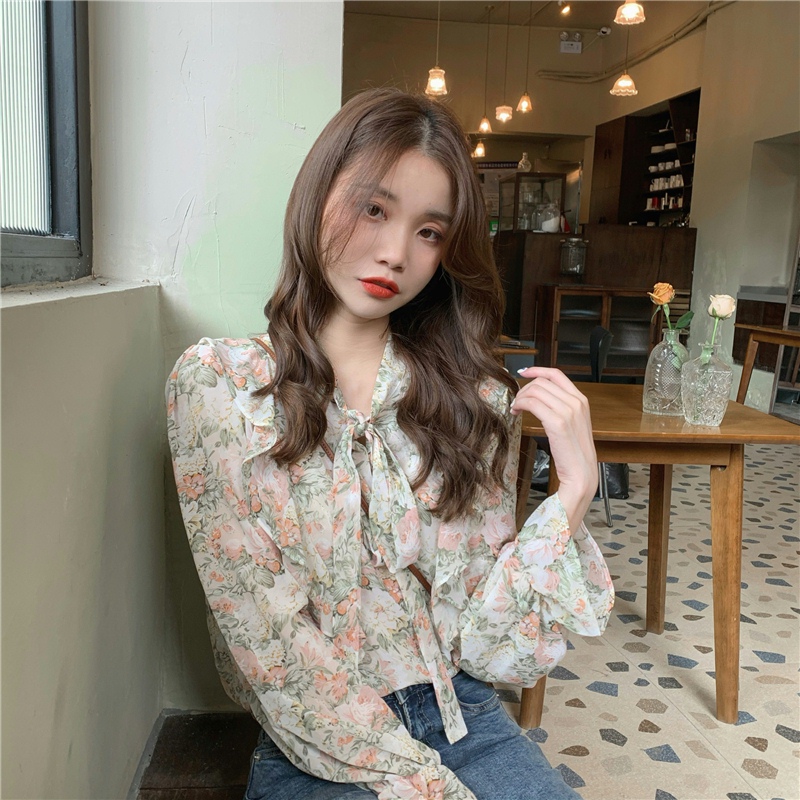 花柄 ファッション 優美な花柄リボン付きふんわりブラウス