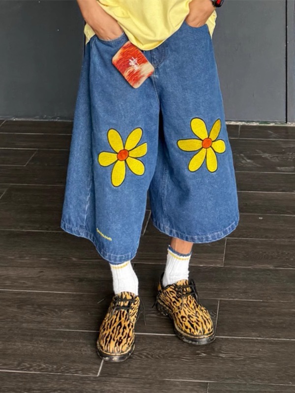 花柄 ファッション デニムワイドパンツ 花柄刺繍 7分丈 メンズ