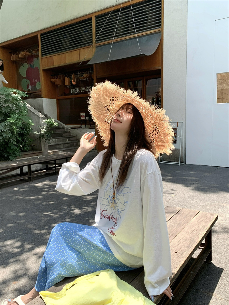 花柄 ファッション 優美な花刺繍 ゆったり長袖Tシャツ