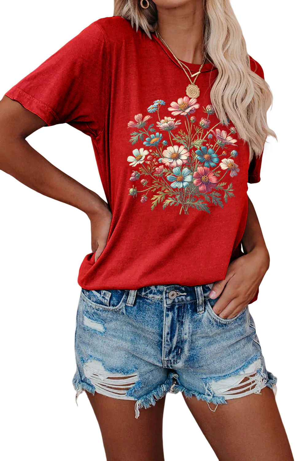 花柄 ファッション 野の花束 刺繍入り半袖カットソー