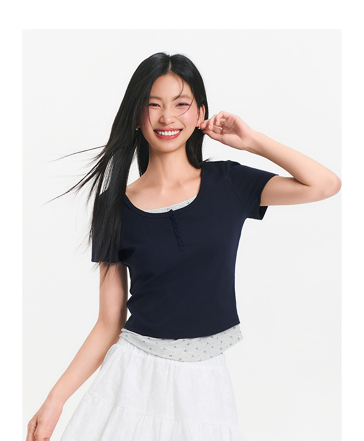 花柄 ファッション 優雅な小花レースヘンリーネック