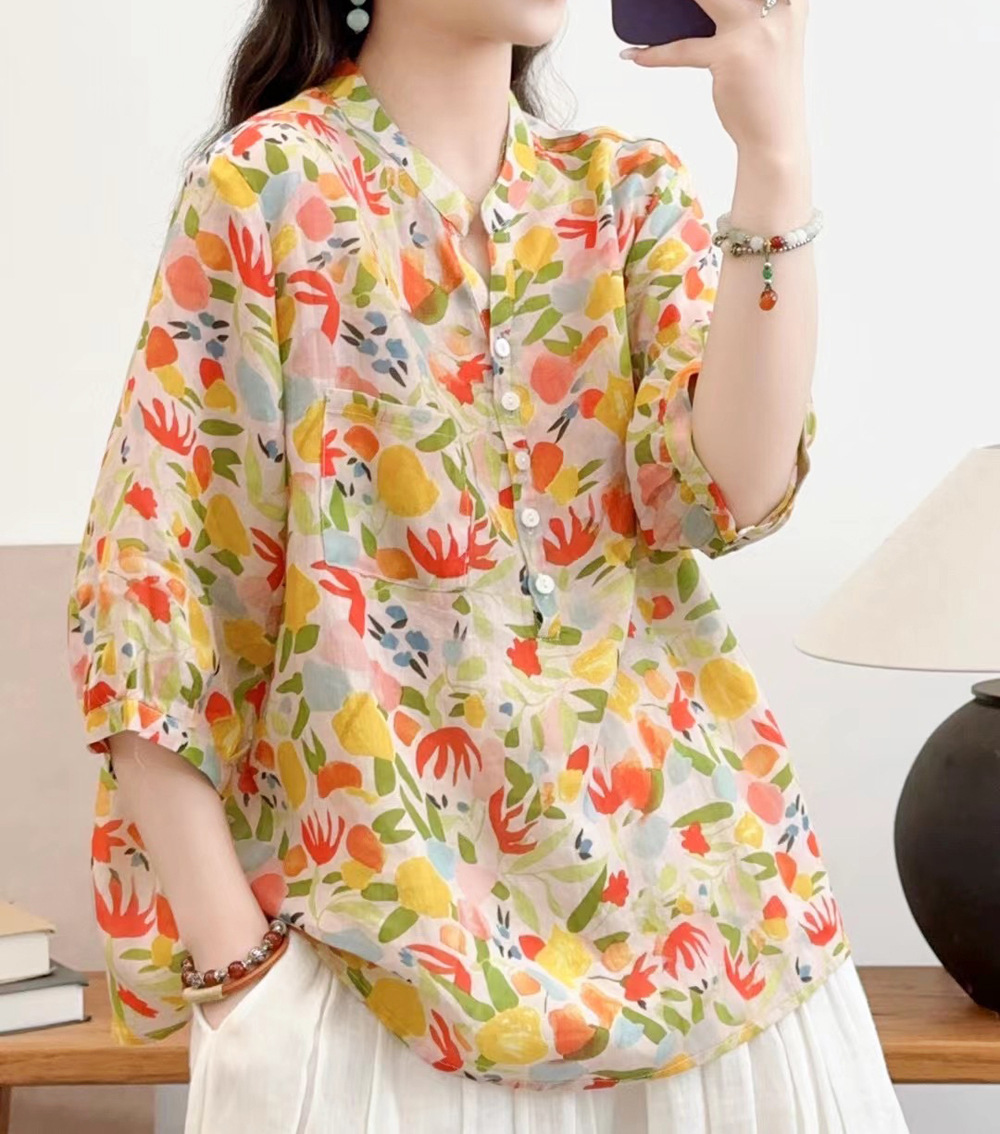 花柄 ファッション 水彩画風 七分袖シアーブラウス