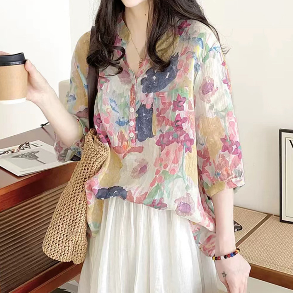 花柄 ファッション 水彩画風 七分袖シアーブラウス