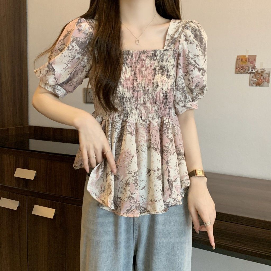 花柄 ファッション 水彩花模様 シャーリングチュニック