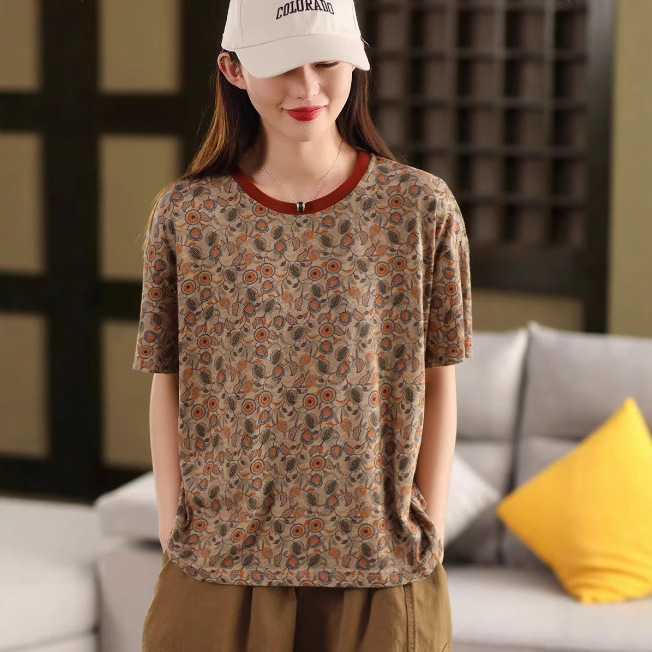 花柄 ファッション 花織りの詩 レトロ風ゆったりTシャツ