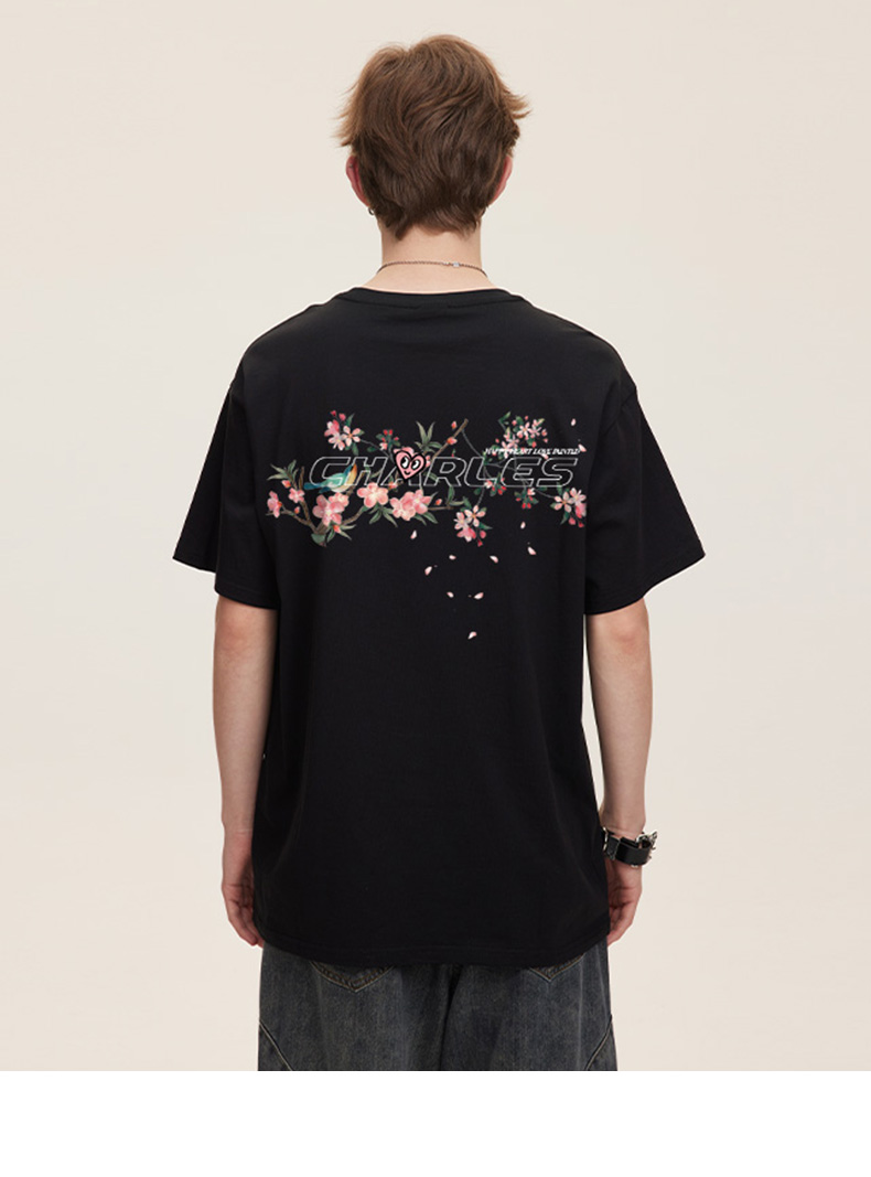 花柄 ファッション 心モチーフ 花柄ワンポイントTシャツ