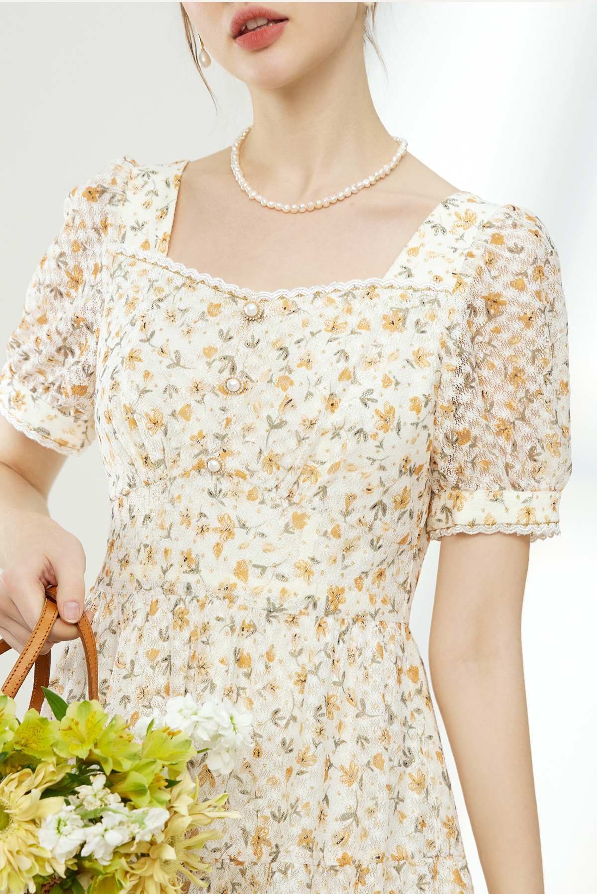 花柄 ファッション 優美な小花柄スクエアネックワンピース