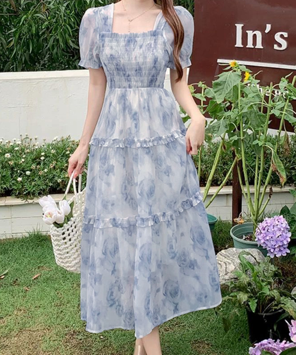 花柄 ファッション 花柄シャーリングティアードワンピース 夏服