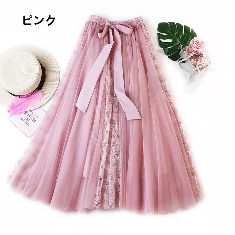 花柄 ファッション リボン付きチュールロングスカート 体型カバー 四季対応