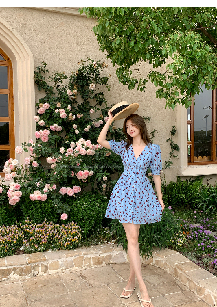花柄 ファッション パフ袖小花柄ベルト付きミニワンピース