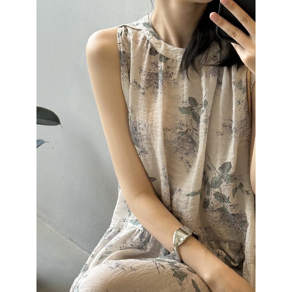 花柄 ファッション 優美な水彩画風 花柄ノースリーブワンピース