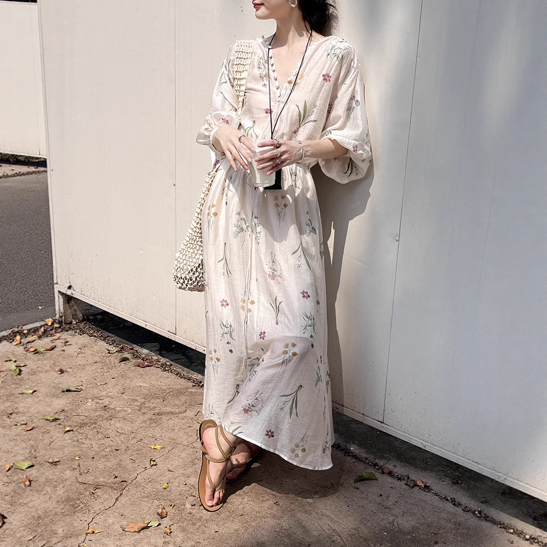 花柄 ファッション 優美な草花模様 ゆったりワンピース