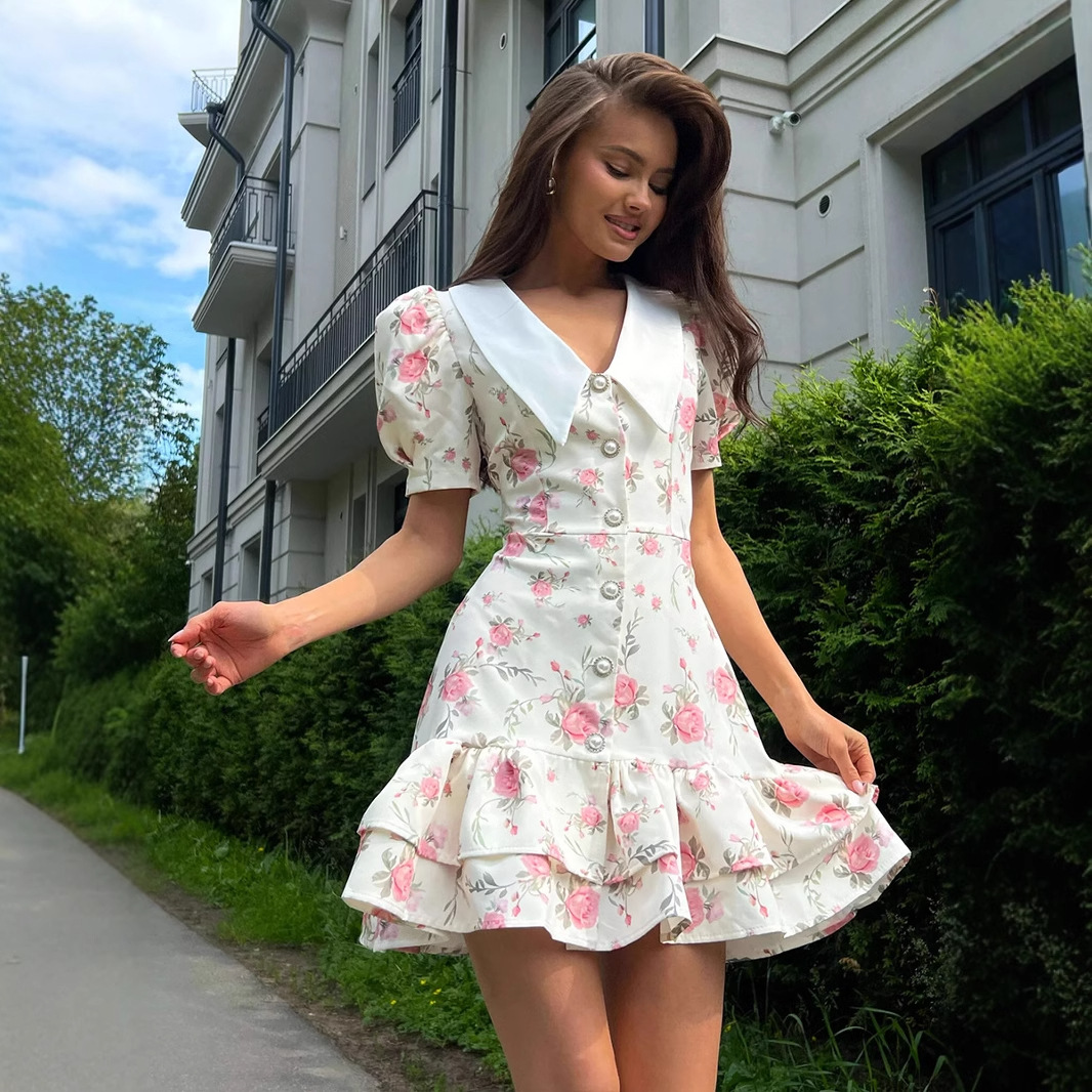 花柄 ファッション 優美な大襟バラ柄フリルワンピース