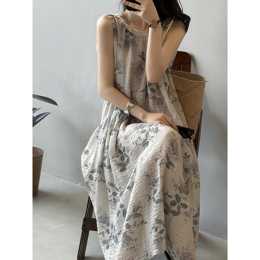 花柄 ファッション 優美な水彩画風 花柄ノースリーブワンピース