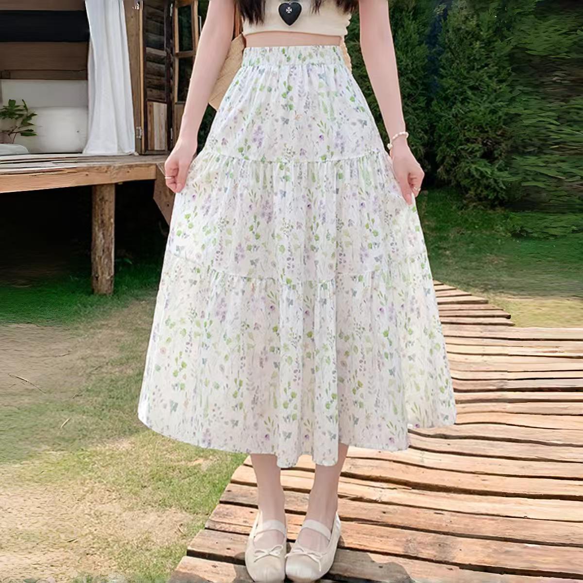 花柄 ファッション 野花散りばめティアードロングスカート