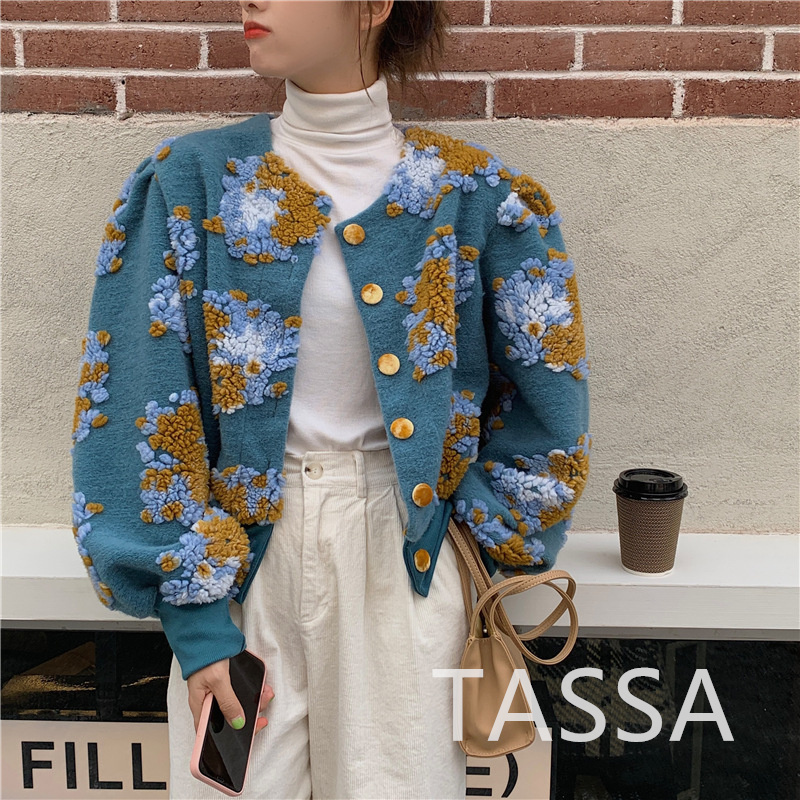 花柄 ファッション 花柄もこもこ ふんわり袖 ラウンドネック カーディガン