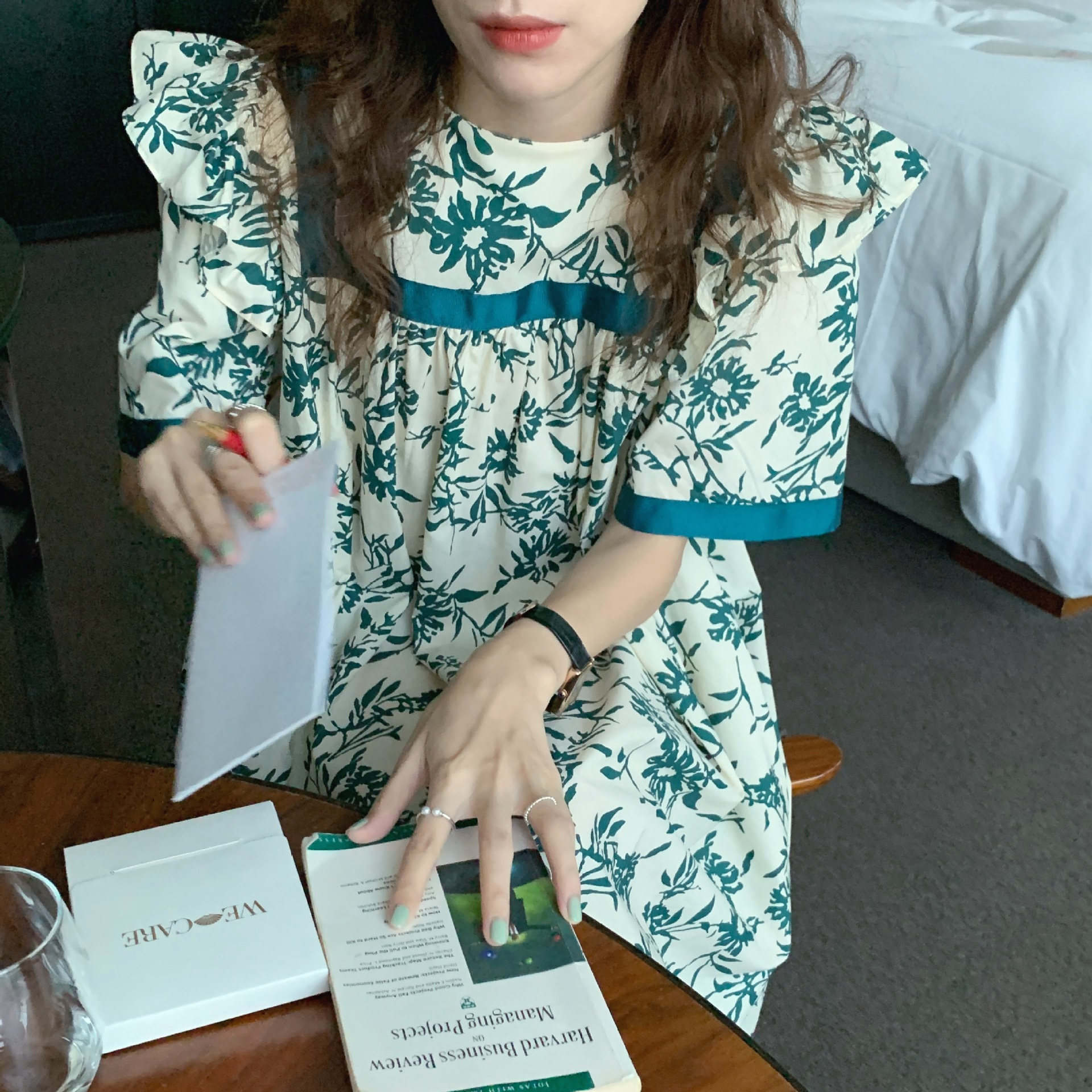 花柄 ファッション 爽やか花柄 青緑ライン ドール ワンピース