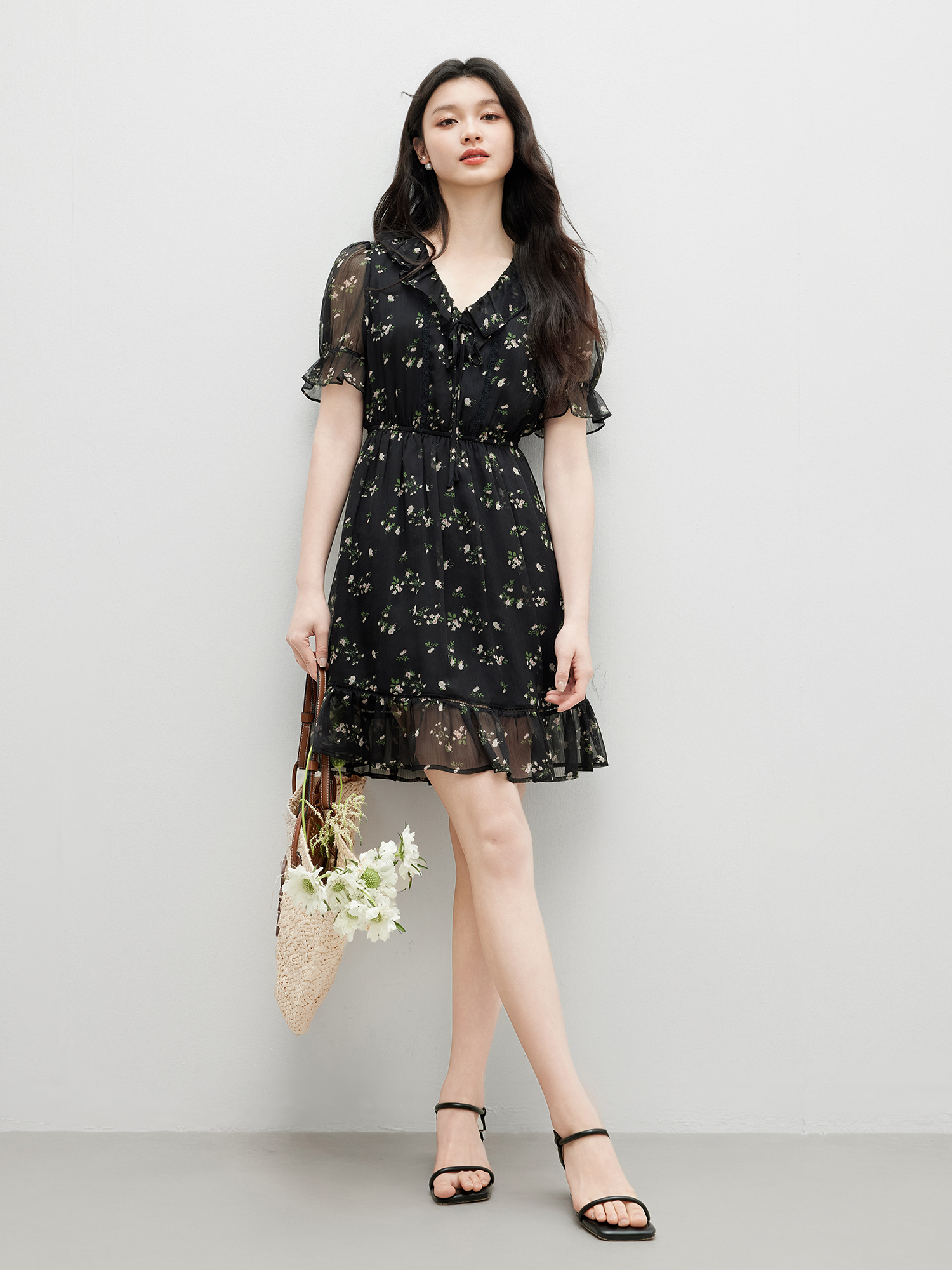 花柄 ファッション 小花柄シフォンフリルワンピース