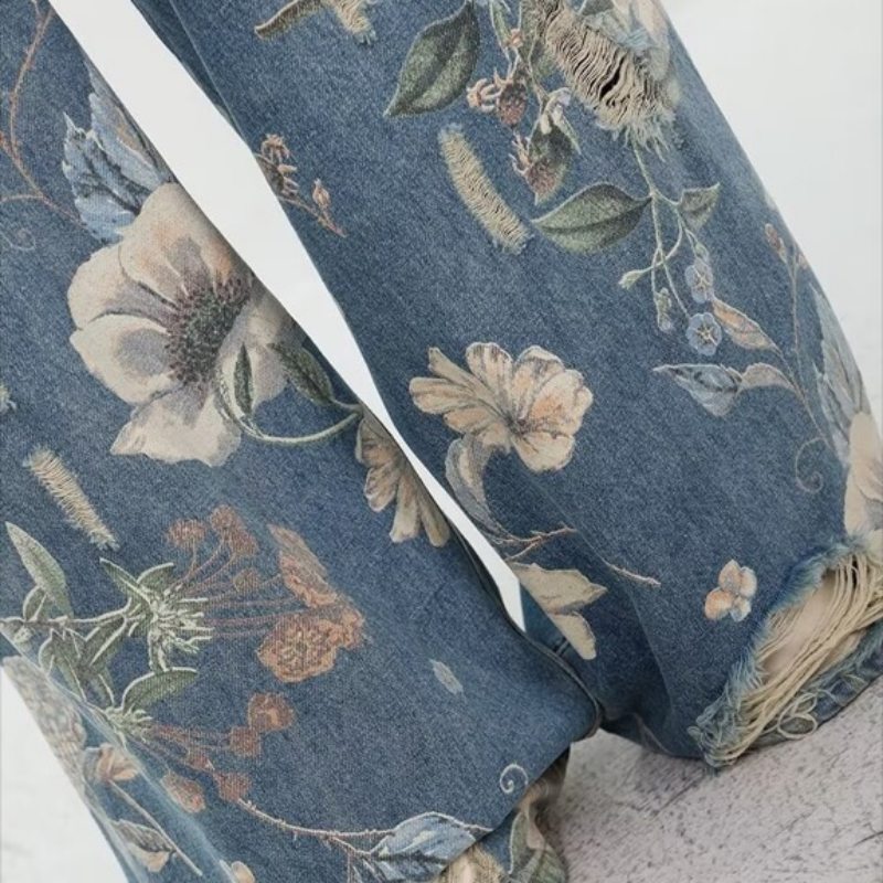 花柄 ファッション 花柄ダメージ加工ワイドデニムパンツ レディース