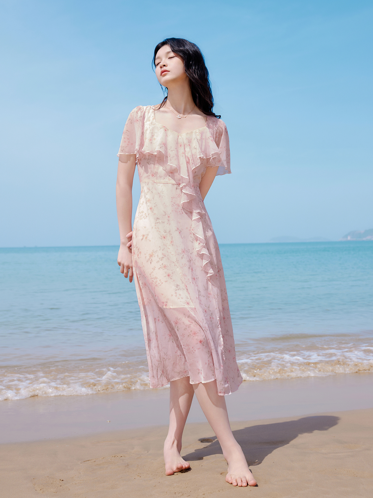 花柄 ファッション 優美フリルデザイン花柄ワンピース