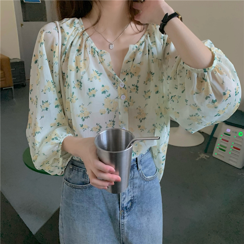 花柄 ファッション パフスリーブ 花柄ブラウス ゆったり着れる シフォントップス