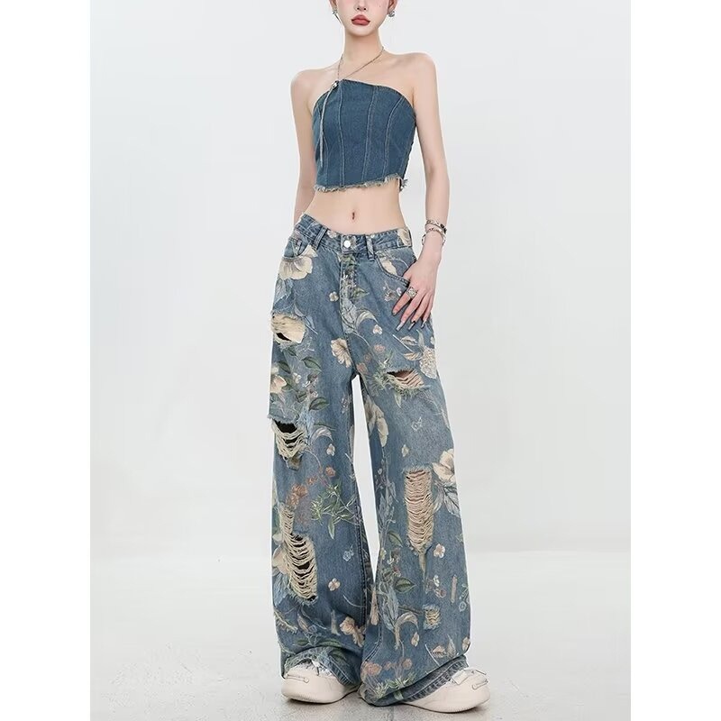 花柄 ファッション 花柄ダメージ加工ワイドデニムパンツ レディース