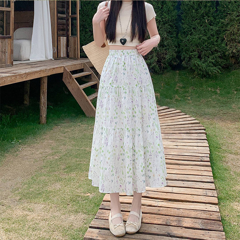 花柄 ファッション 野花散りばめティアードロングスカート