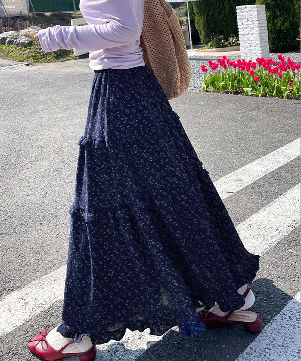 花柄 ファッション 華やか小花柄 三段ティアードロングスカート