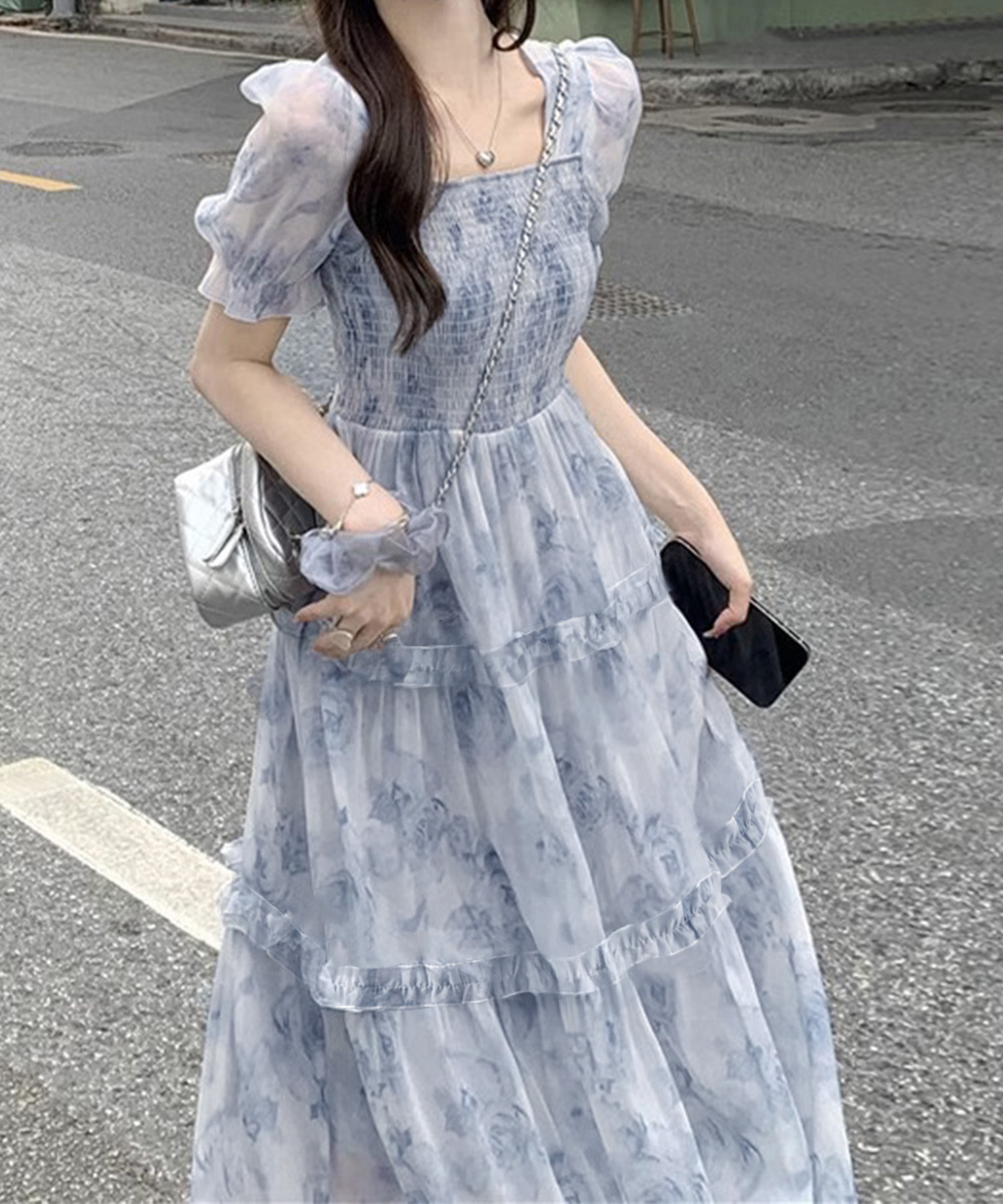 花柄 ファッション 花柄シャーリングティアードワンピース 夏服