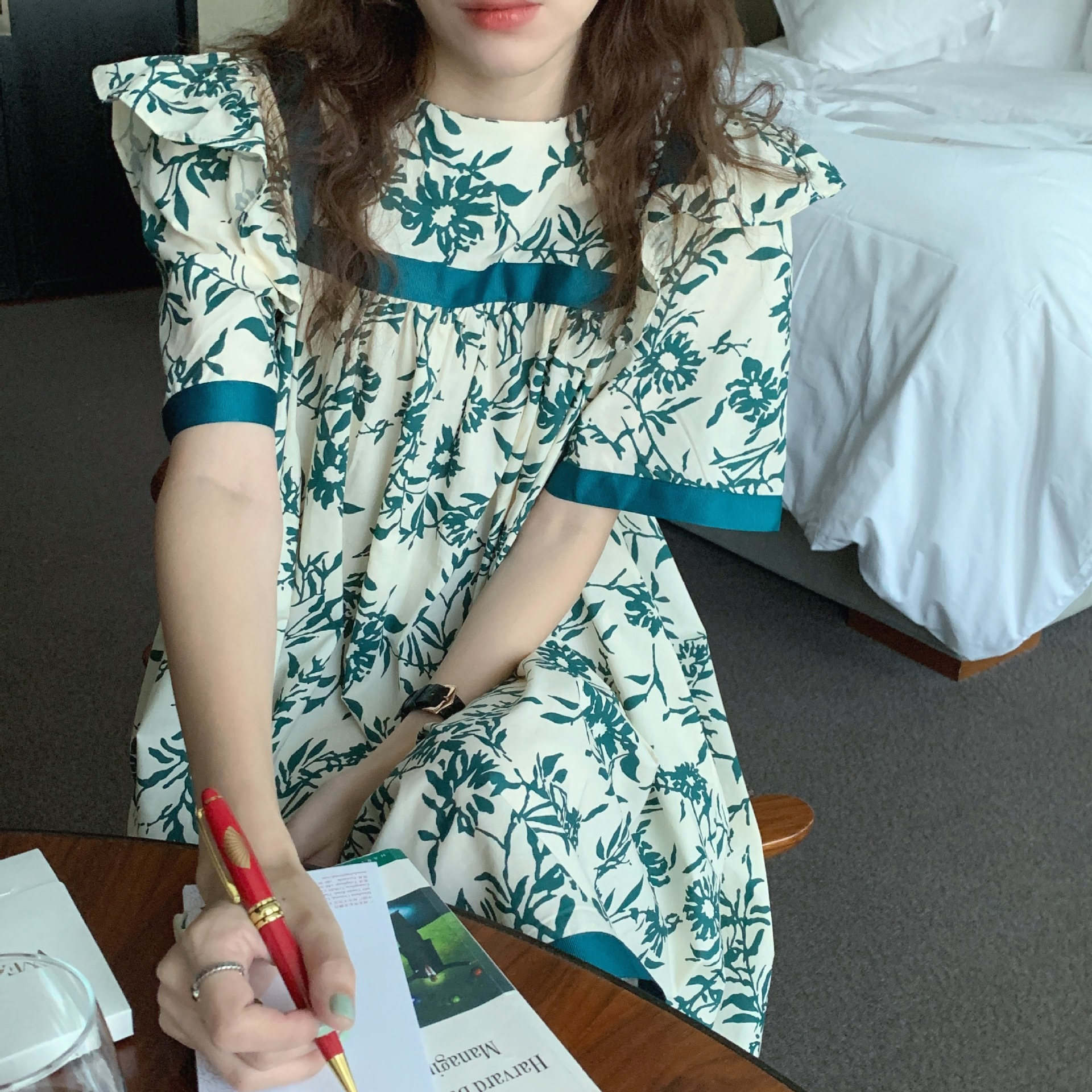 花柄 ファッション 爽やか花柄 青緑ライン ドール ワンピース