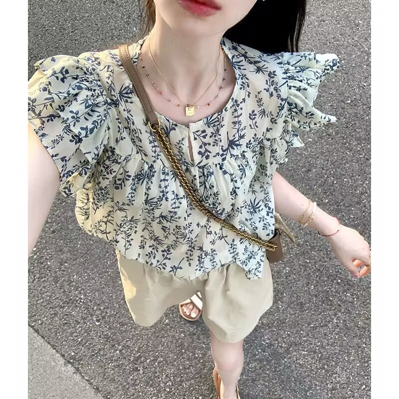 花柄 ファッション 優美な草花模様フリルブラウス