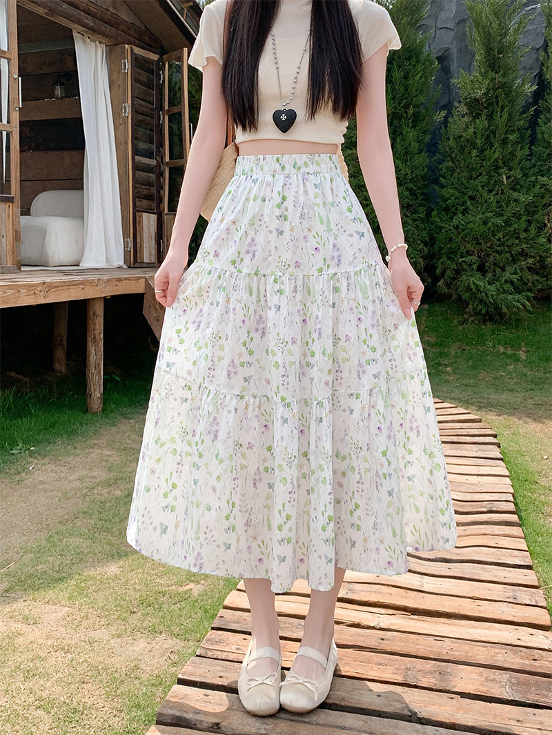 花柄 ファッション 野花散りばめティアードロングスカート