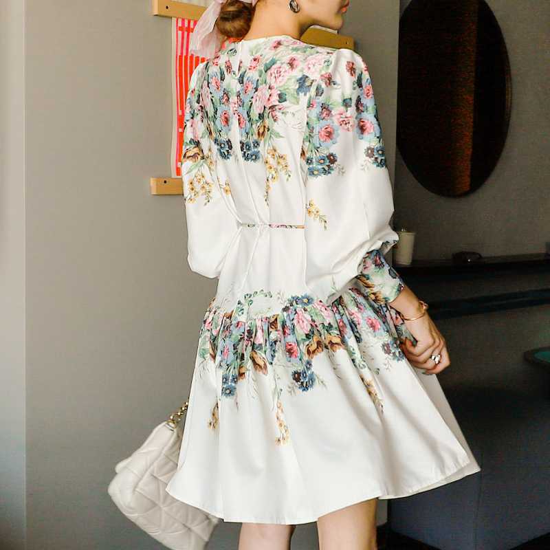 花柄 ファッション 花水彩ギャザーリボンワンピース