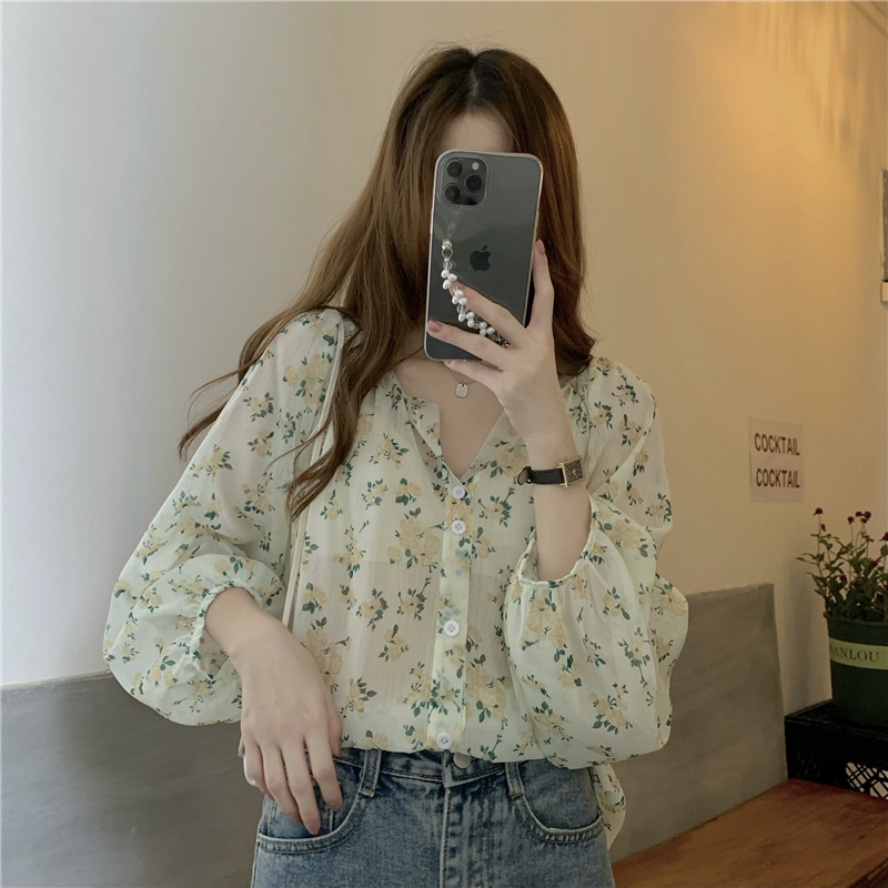花柄 ファッション パフスリーブ 花柄ブラウス ゆったり着れる シフォントップス