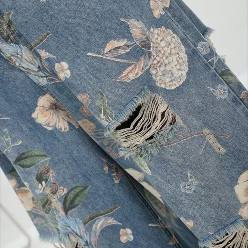 花柄 ファッション 花柄ダメージ加工ワイドデニムパンツ レディース