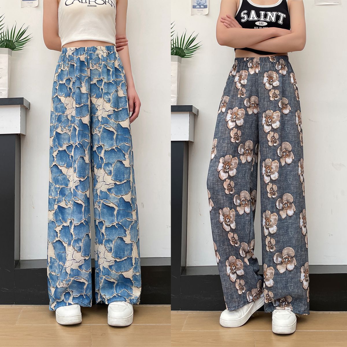 花柄 ファッション 華やか四季のゆったりワイドパンツ