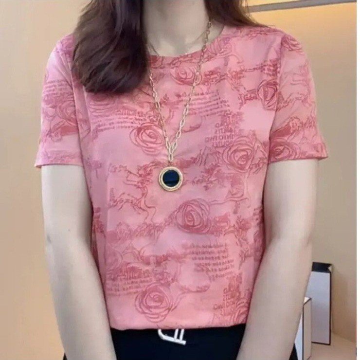 花柄 ファッション 薔薇浮き出る優美半袖カットソー