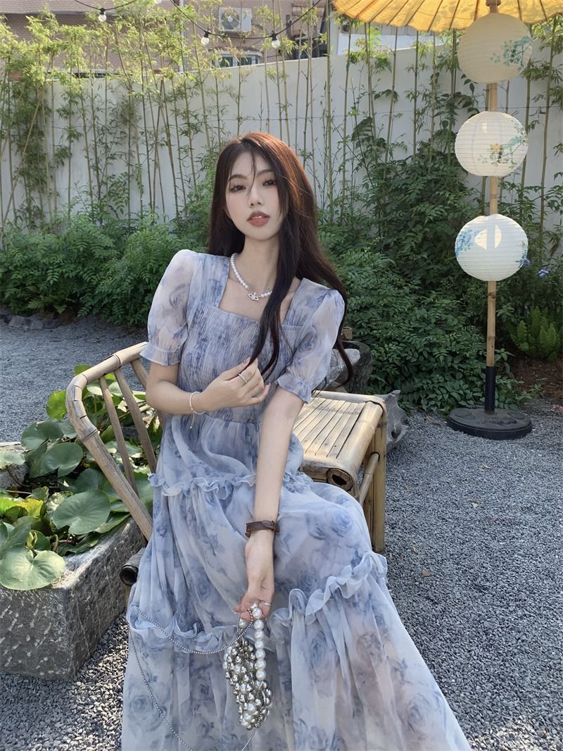 花柄ワンピース 優美な花影 シアーロングワンピース