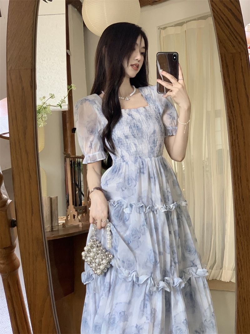 花柄ワンピース 優美な花影 シアーロングワンピース