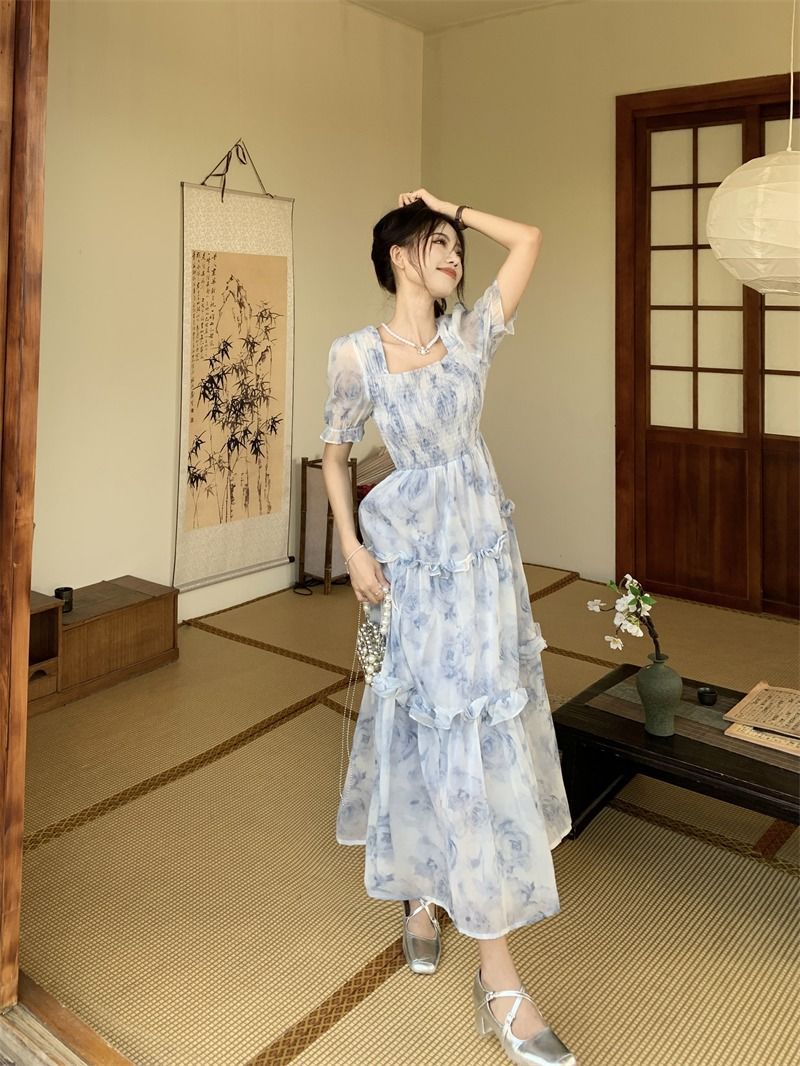 花柄ワンピース 優美な花影 シアーロングワンピース