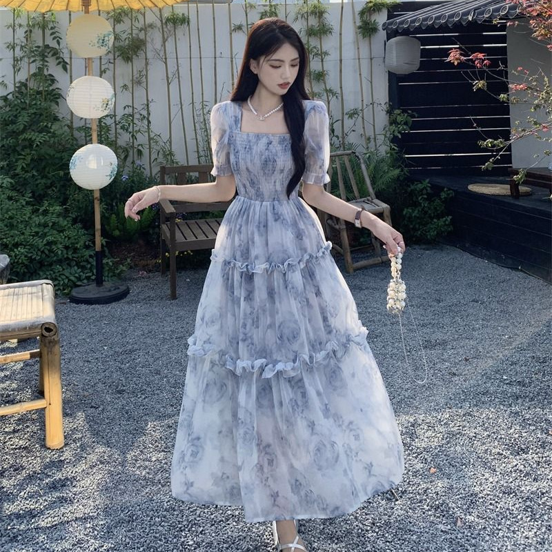 花柄ワンピース 優美な花影 シアーロングワンピース