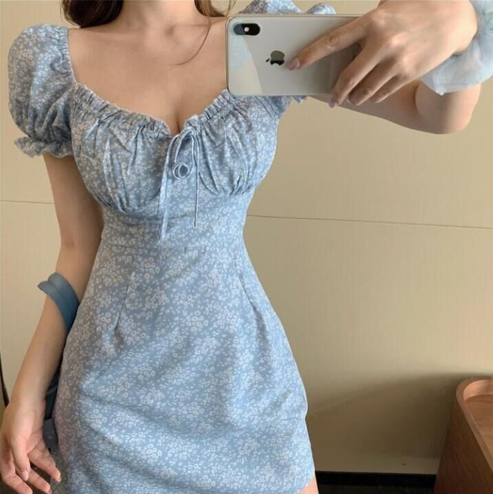 花柄ワンピース 小花咲く乙女心パフスリーブミニワンピース