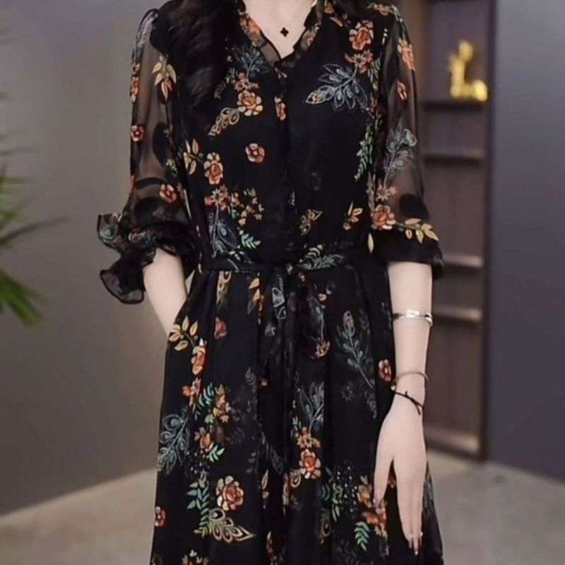 花柄ワンピース優美な花柄シフォンロングワンピース