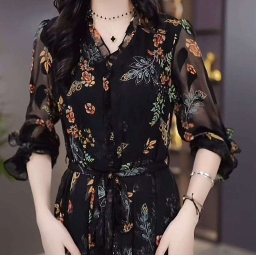 花柄ワンピース優美な花柄シフォンロングワンピース